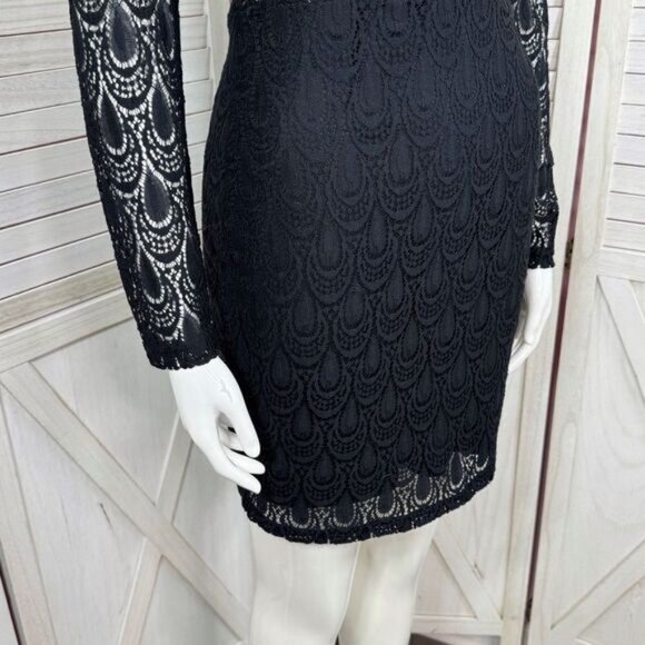 Bebe Lace Overlay Bandeau Pencil Dress Sheer Back Long Sleeve Black Medium - Picture 6 of 13